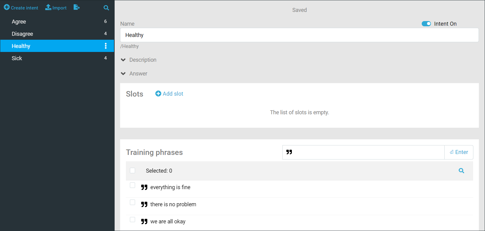 Training phrases for the /Healthy intent