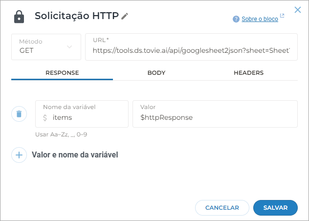 O bloco Solicitação HTTP