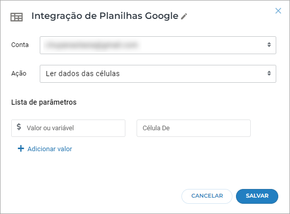 Parâmetros do bloco Integração do Planilhas Google