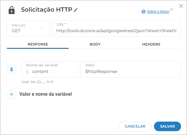 Configurações do bloco Solicitação HTTP