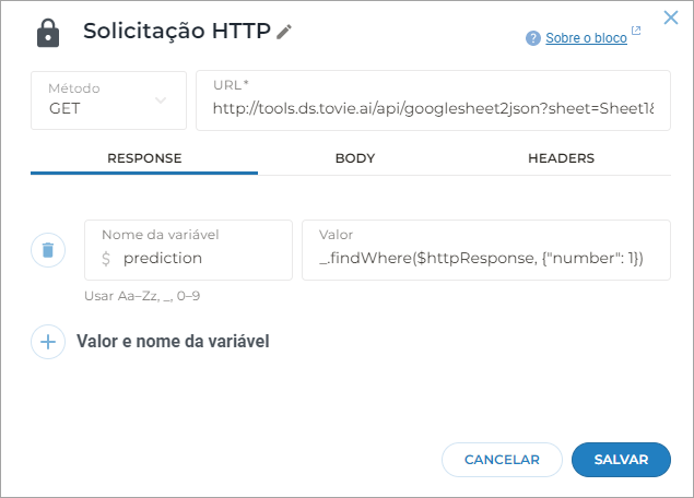 Adicione o bloco Resposta HTTP